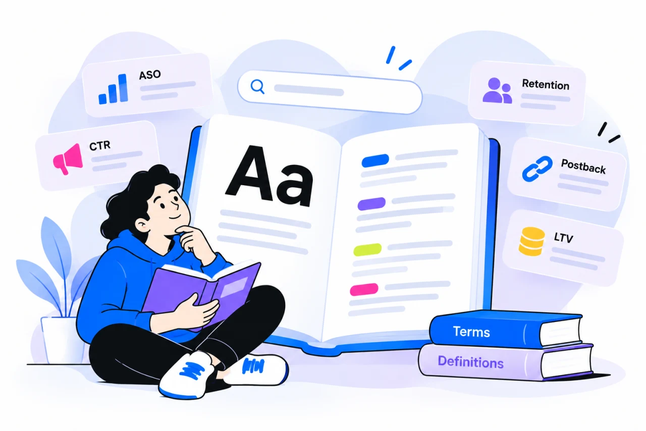 Партнёр читает словарь терминов: ASO, CTR, Retention, Postback и LTV